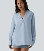 Blouse casual denim en lyocell col V manches longues