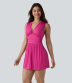 Combishort casual côtelé sans manches col V, fronces et soutien-gorge intégré, avec poches – Easy Peasy