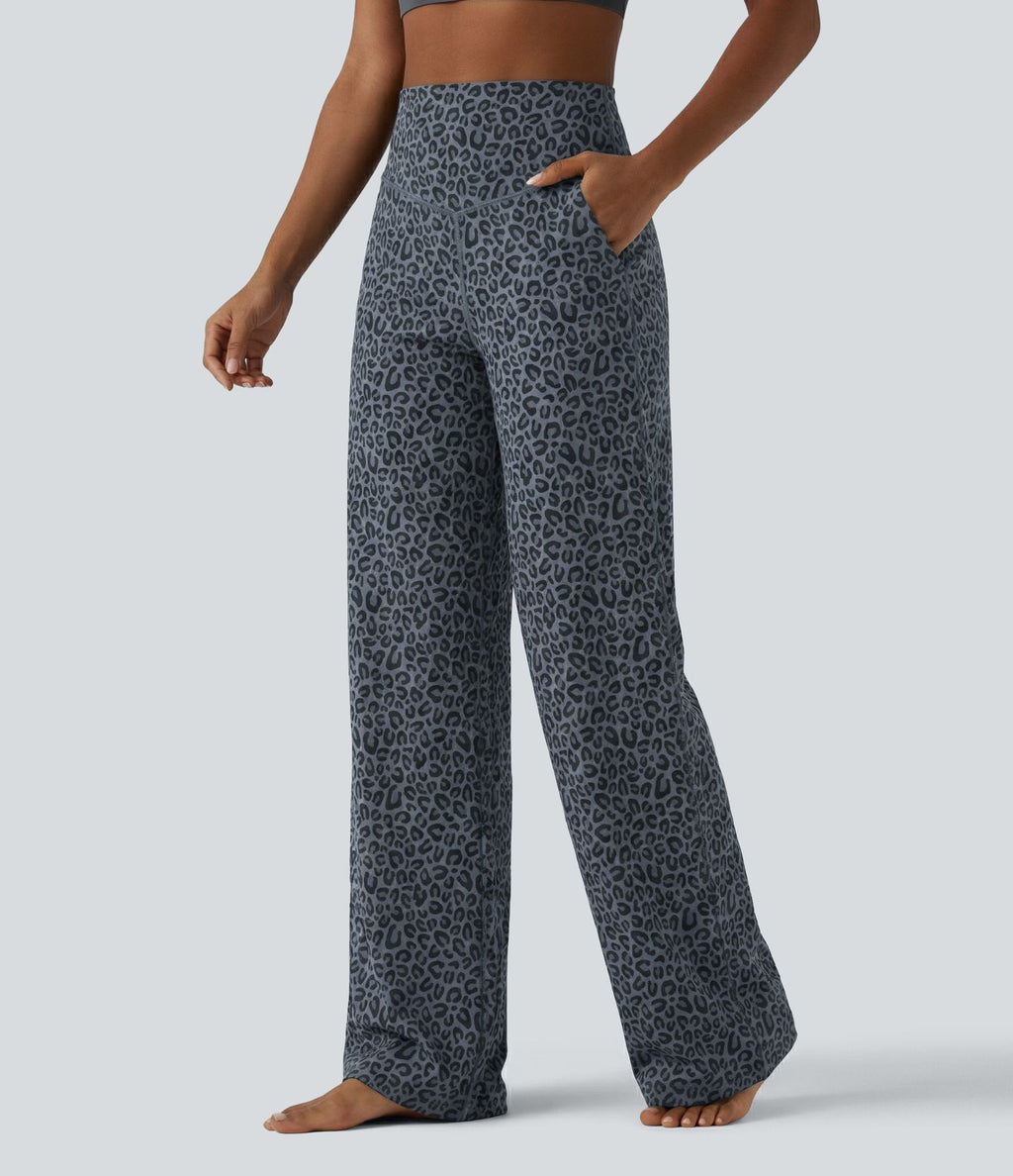 Pantalon de yoga jambes droites taille haute gainant imprimé léopard Halara UltraSculpt™ avec poches