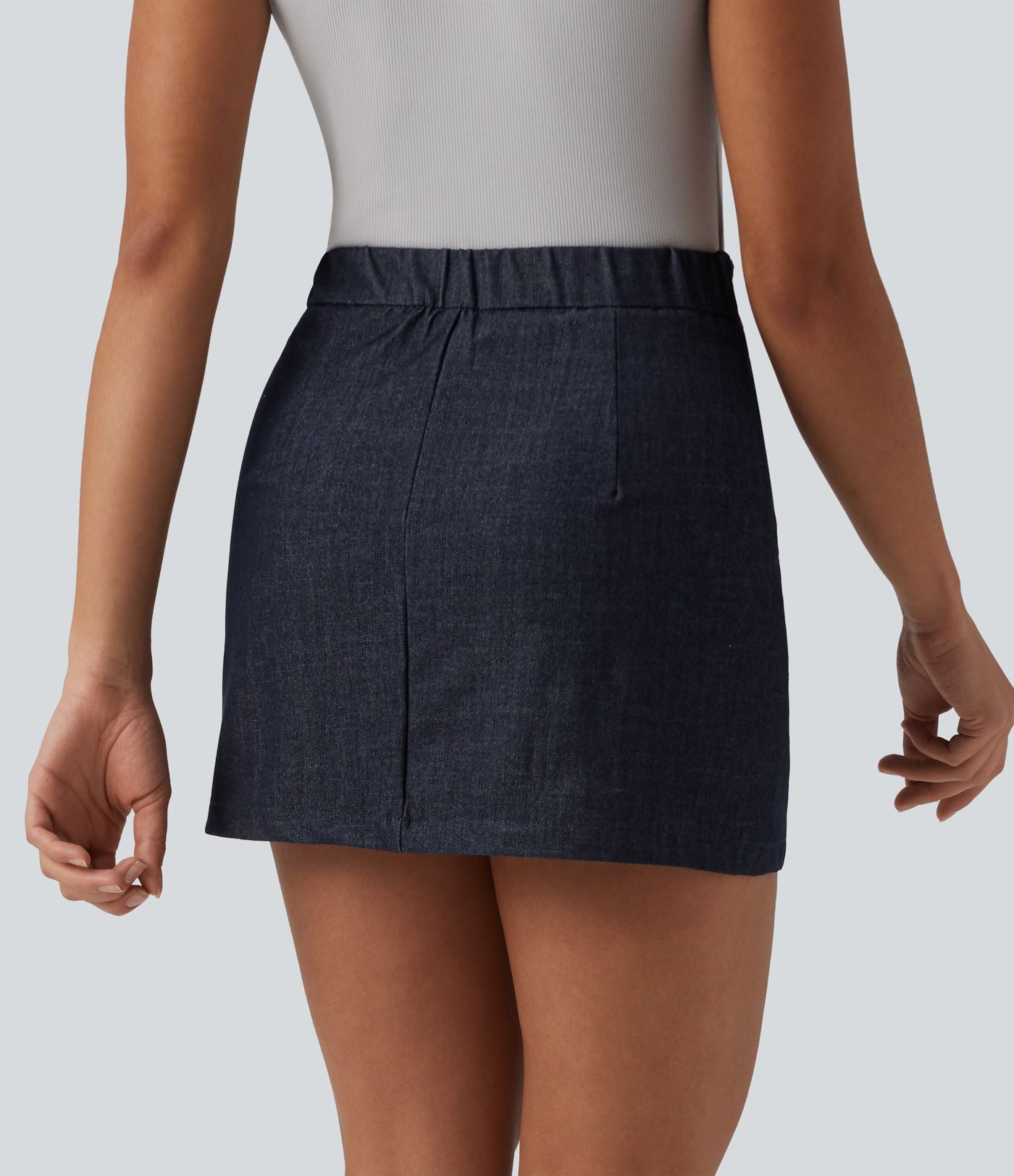 Jupe mini casual 2-en-1 moulante taille haute effet denim avec fermeture éclair invisible et poches