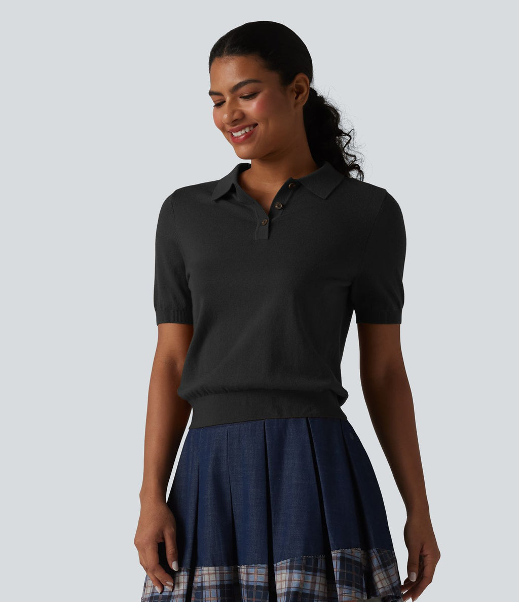 Pull décontracté col polo manches courtes en mélange de laine