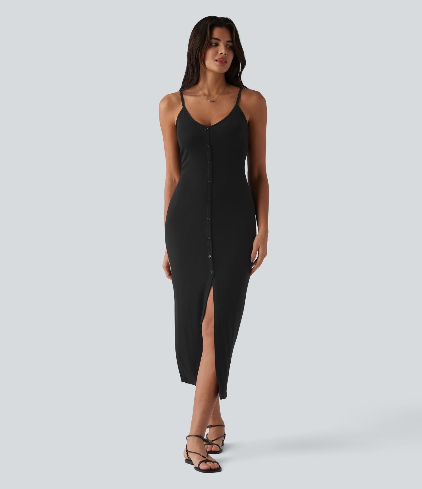 Robe nuisette casual midi moulante côtelée à bretelles réglables avec boutons décoratifs et fente