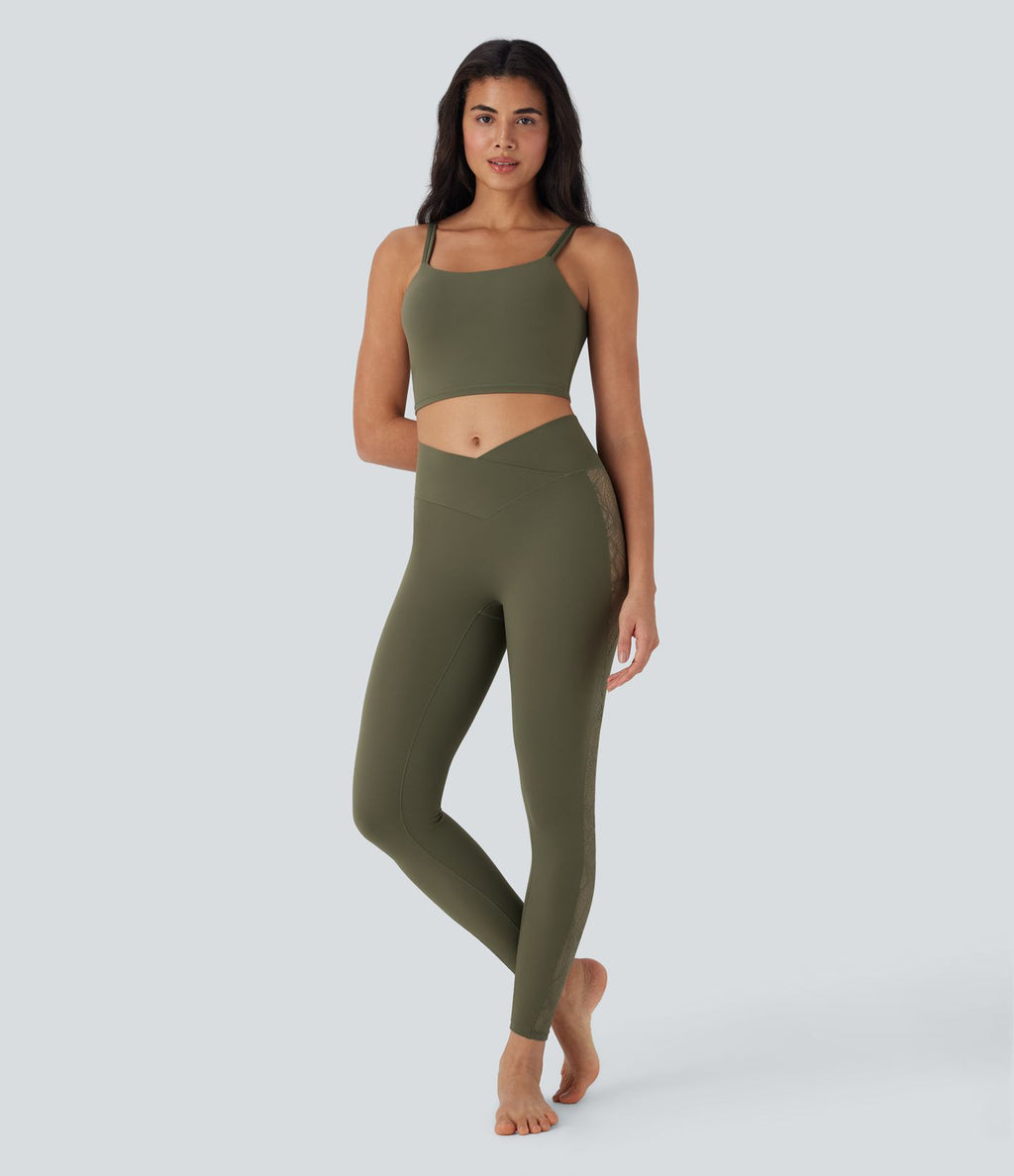 Softlyzero™ Legging Yoga 7/8 Taille Haute avec Poche au Dos Découpe Croisée et Dentelle Contrastante