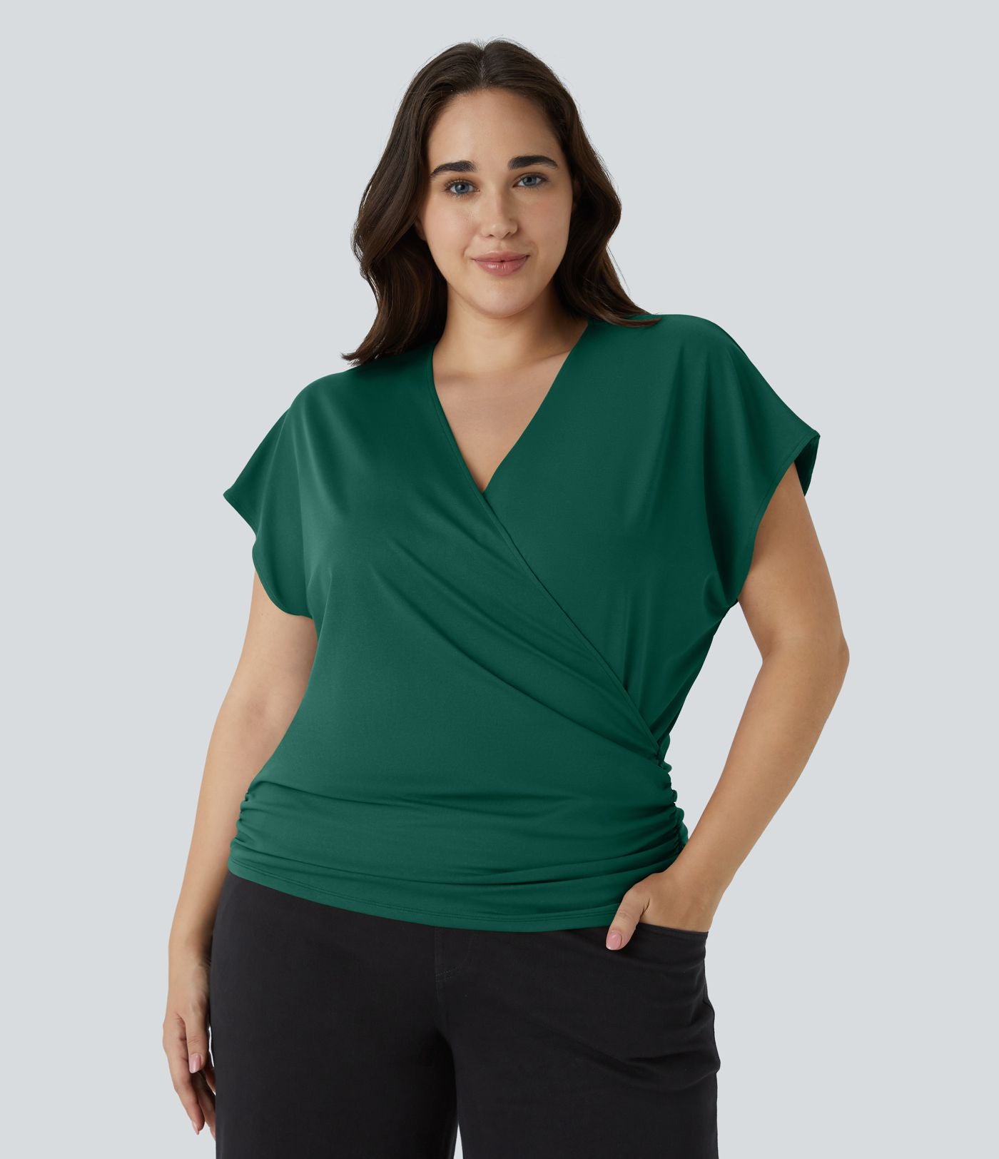Blouse Travail Unie Froncée Croisée Manches Courtes Col en V Grande Taille