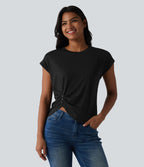 T-shirt casual col rond manches courtes avec ourlet incurvé et fentes latérales