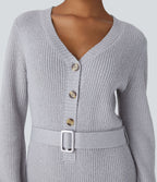 Robe-pull décontractée courte à col V, boutonnage devant, manches longues et ceinture
