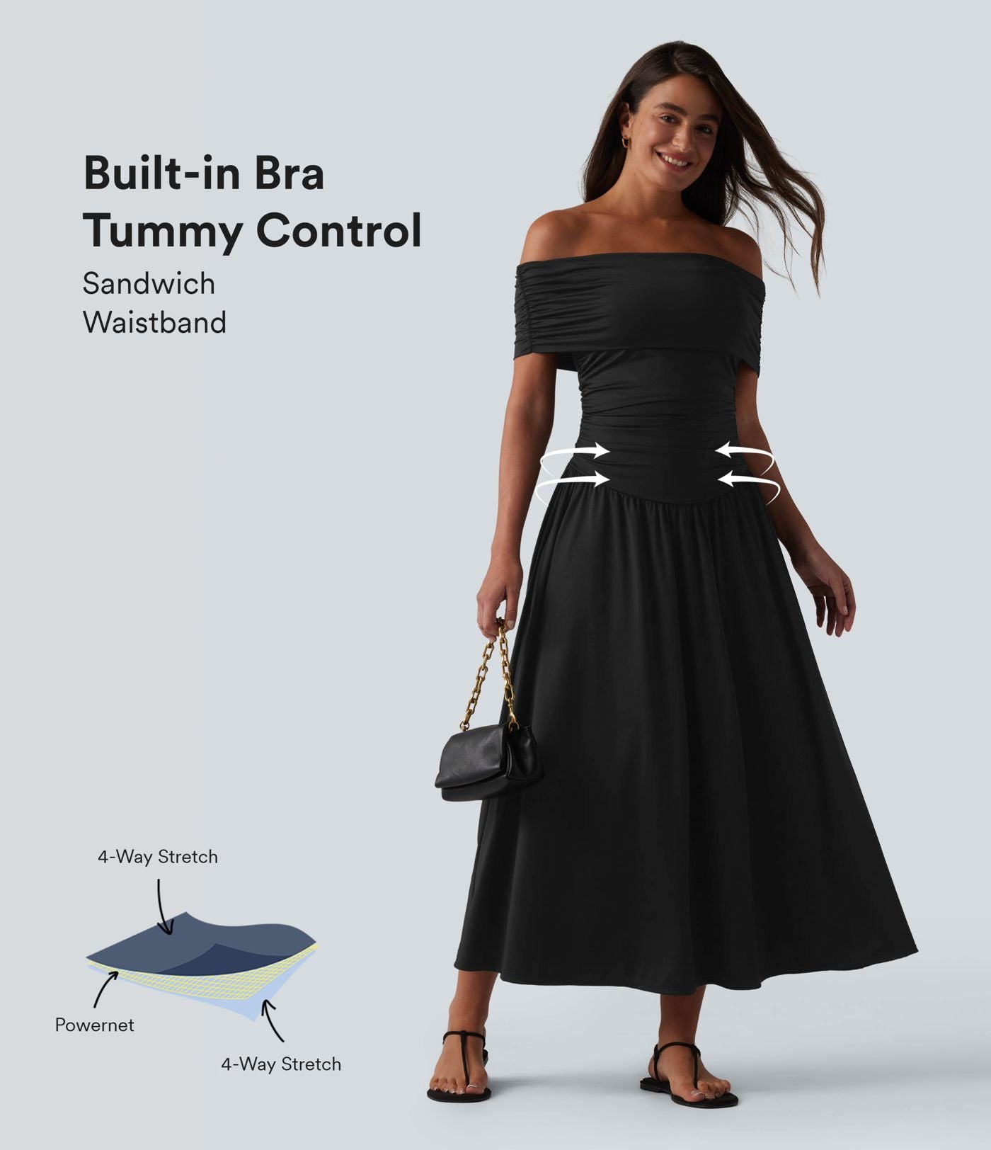 Robe casual maxi fluide gainante froncée à épaules dénudées avec brassière intégrée