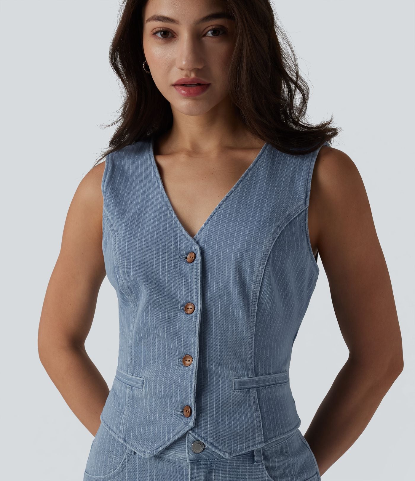 Gilet denim décontracté Halara Flex™ décolleté V profond boutonnage rayé
