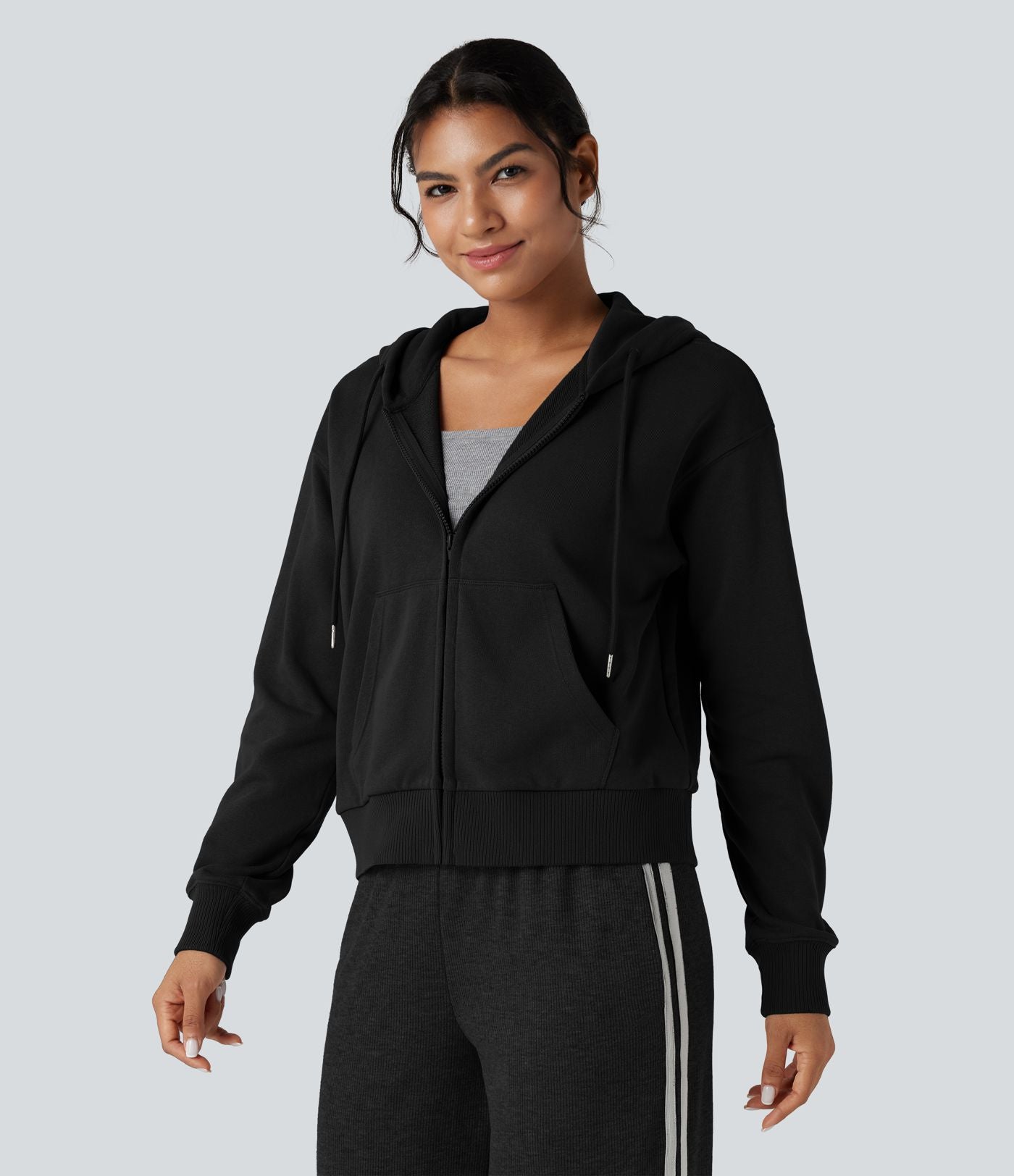 Sweat-shirt coton décontracté à capuche avec fermeture éclair et poches