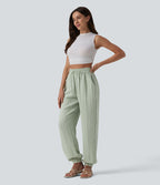 Jogging casual large ample taille haute aspect lin à cordon de serrage avec poches