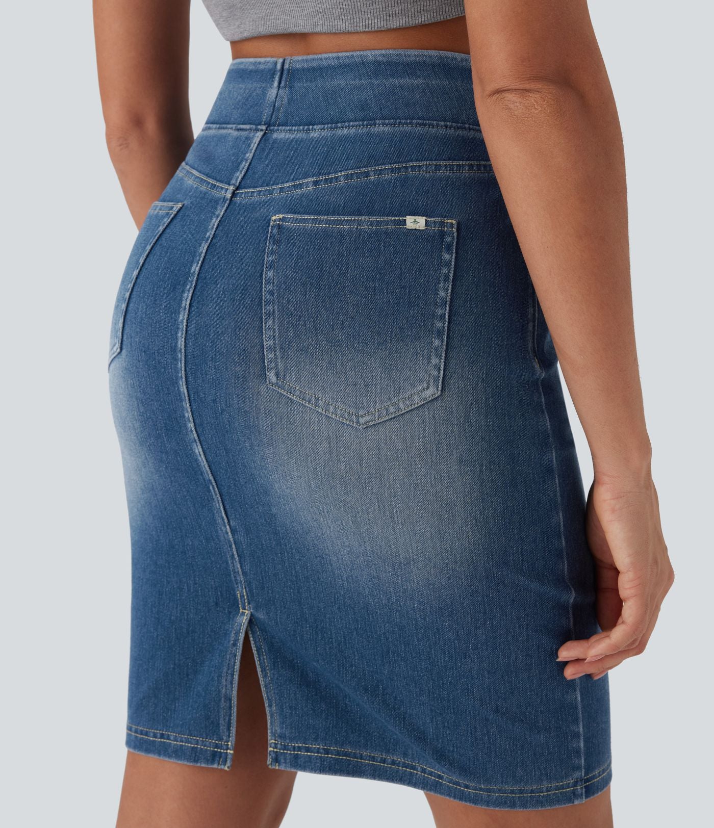 Halara Flex™ Jupe en Jean décontractée stretch délavé à taille haute, multiples poches et fente latérale
