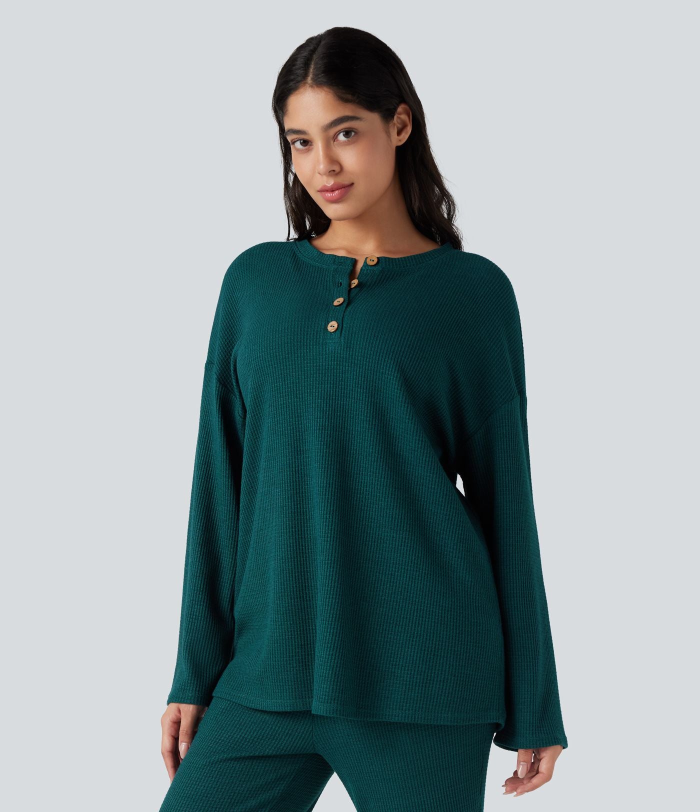 Top détente col henley manches longues gaufré