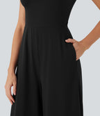 Combinaison de yoga Softlyzero™ Airy Cool Touch à col cranté, manches courtes, jambes larges et poches latérales - Édition Easy Peasy