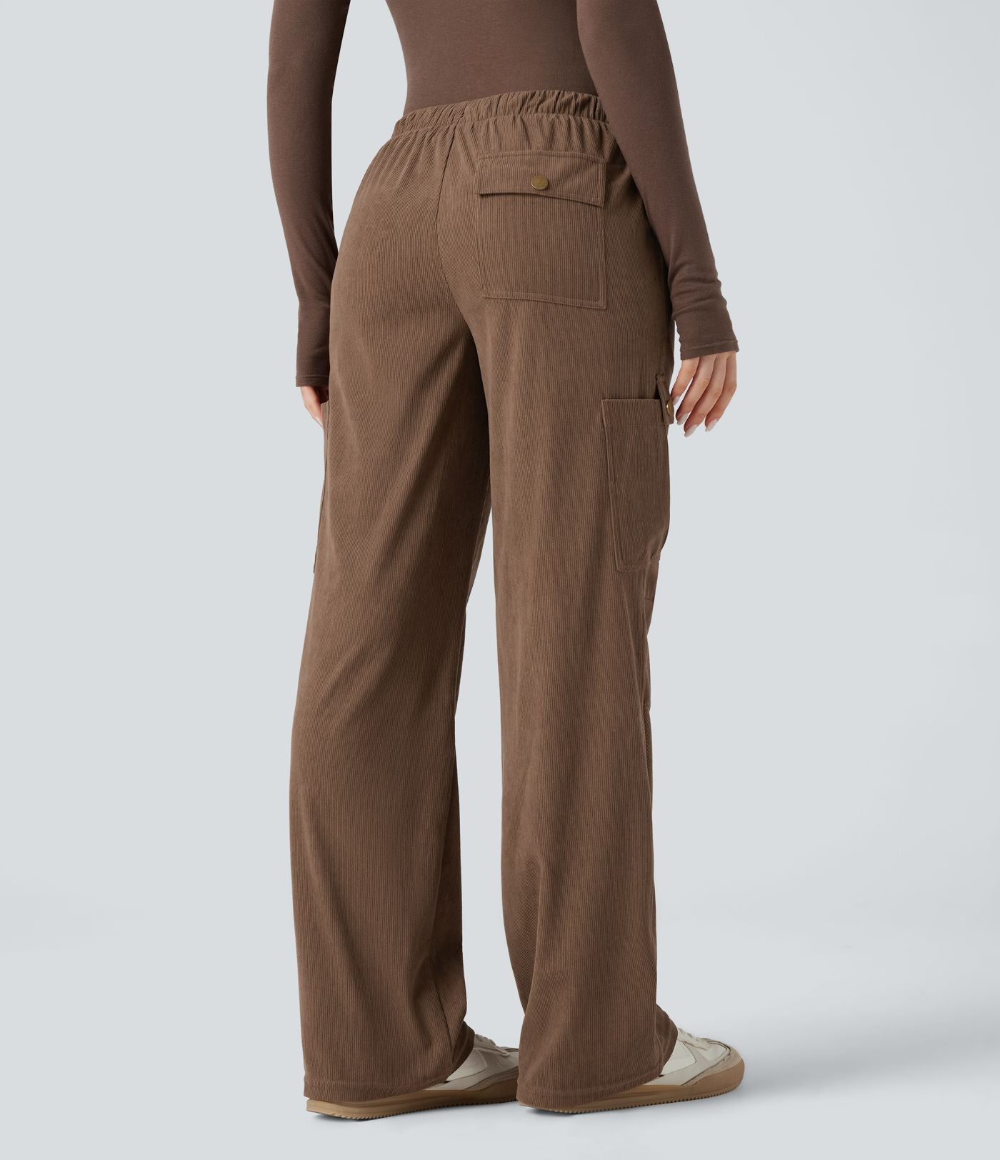 Pantalon jogging cargo velours côtelé coupe droite taille mi-haute avec cordon de serrage et poches