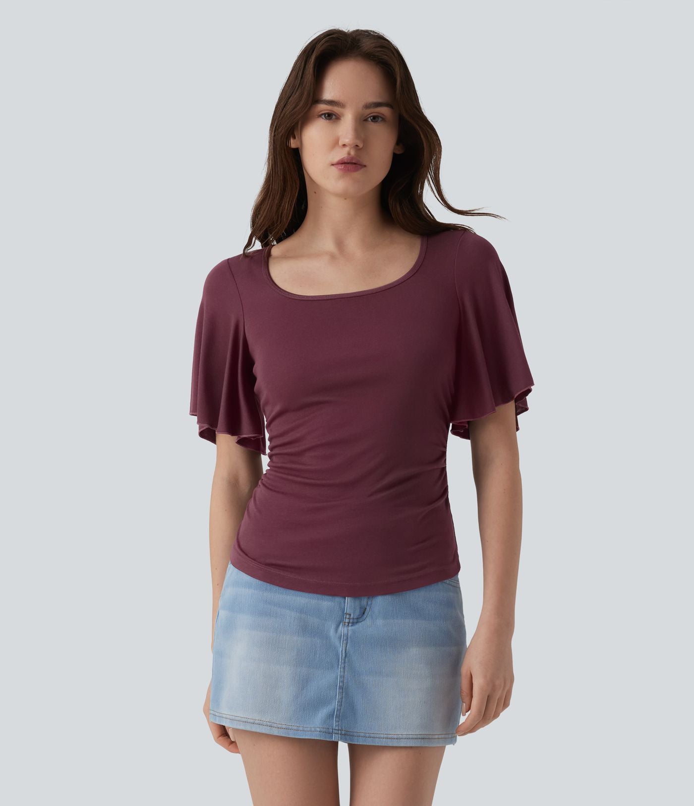 T-shirt décontracté maille côtelée col carré manches papillon froncé