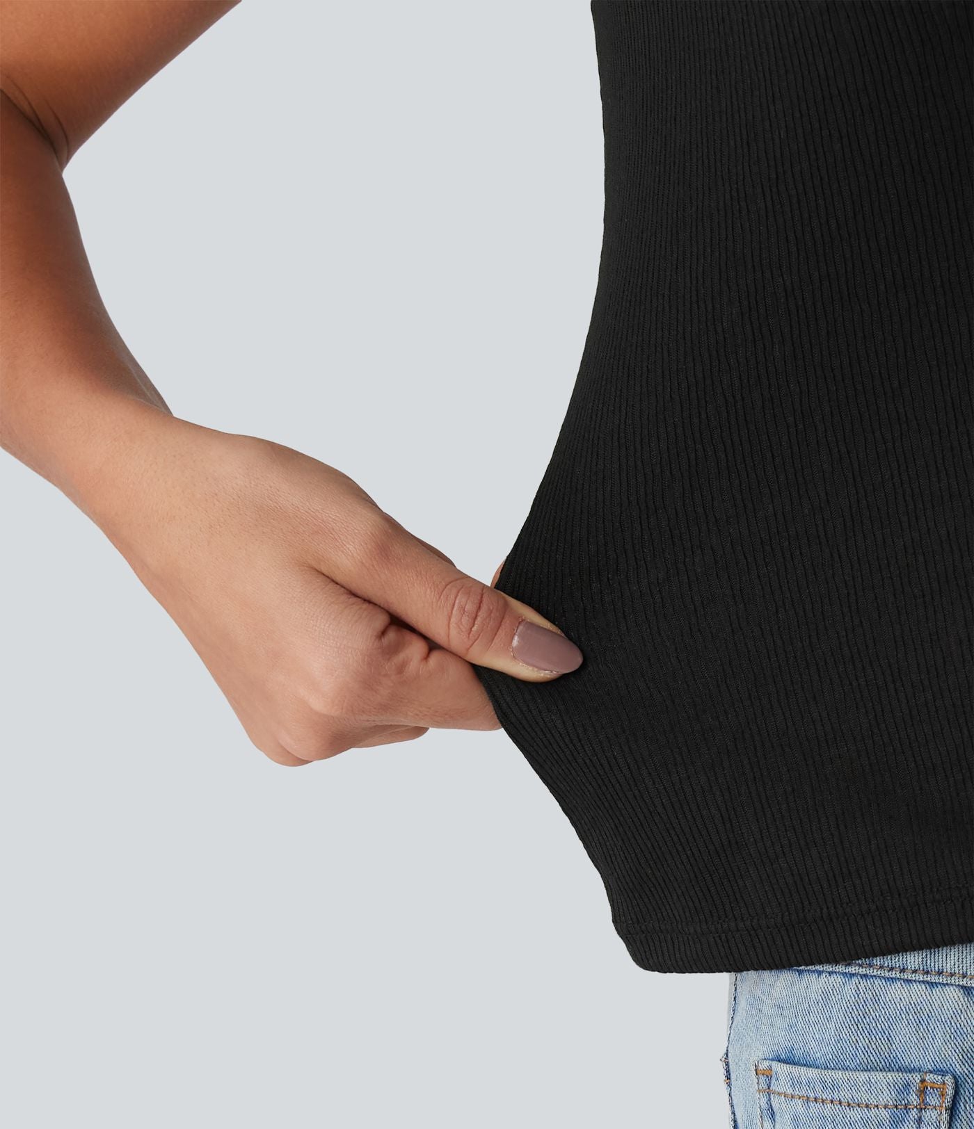 T-shirt casual semi-transparent côtelé maille col rond manches courtes