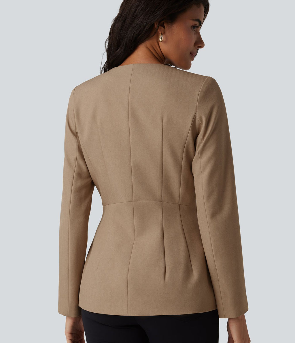 Blazer tailleur infroissable col U manches longues aspect lin
