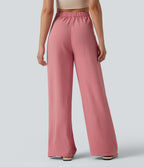 Pantalon détente  effet lin taille haute, cordon latéral avec poches