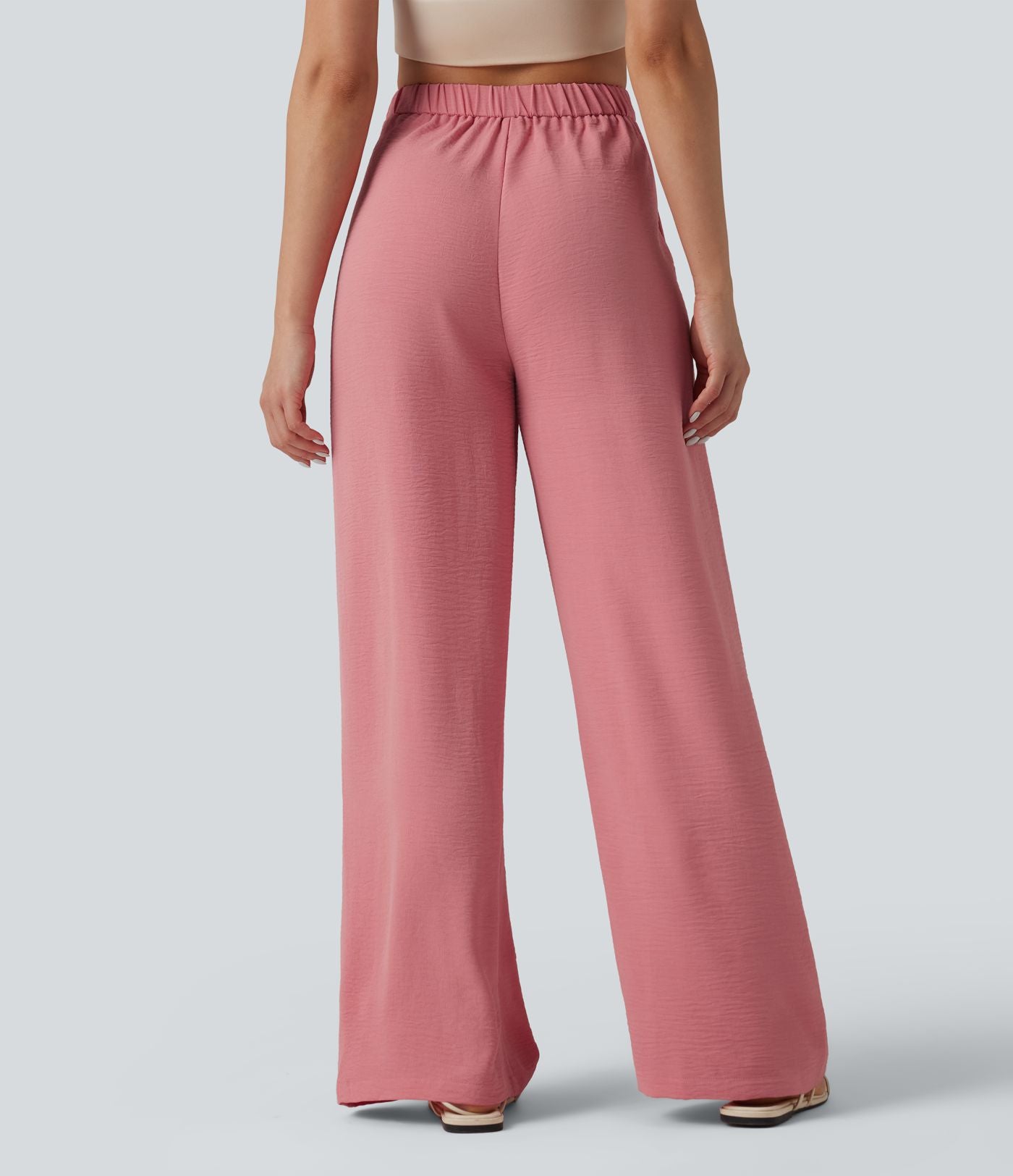 Pantalon détente  effet lin taille haute, cordon latéral avec poches