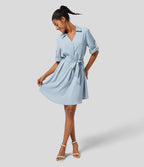 Robe-chemise décontractée à col, manches retroussables et ceinture