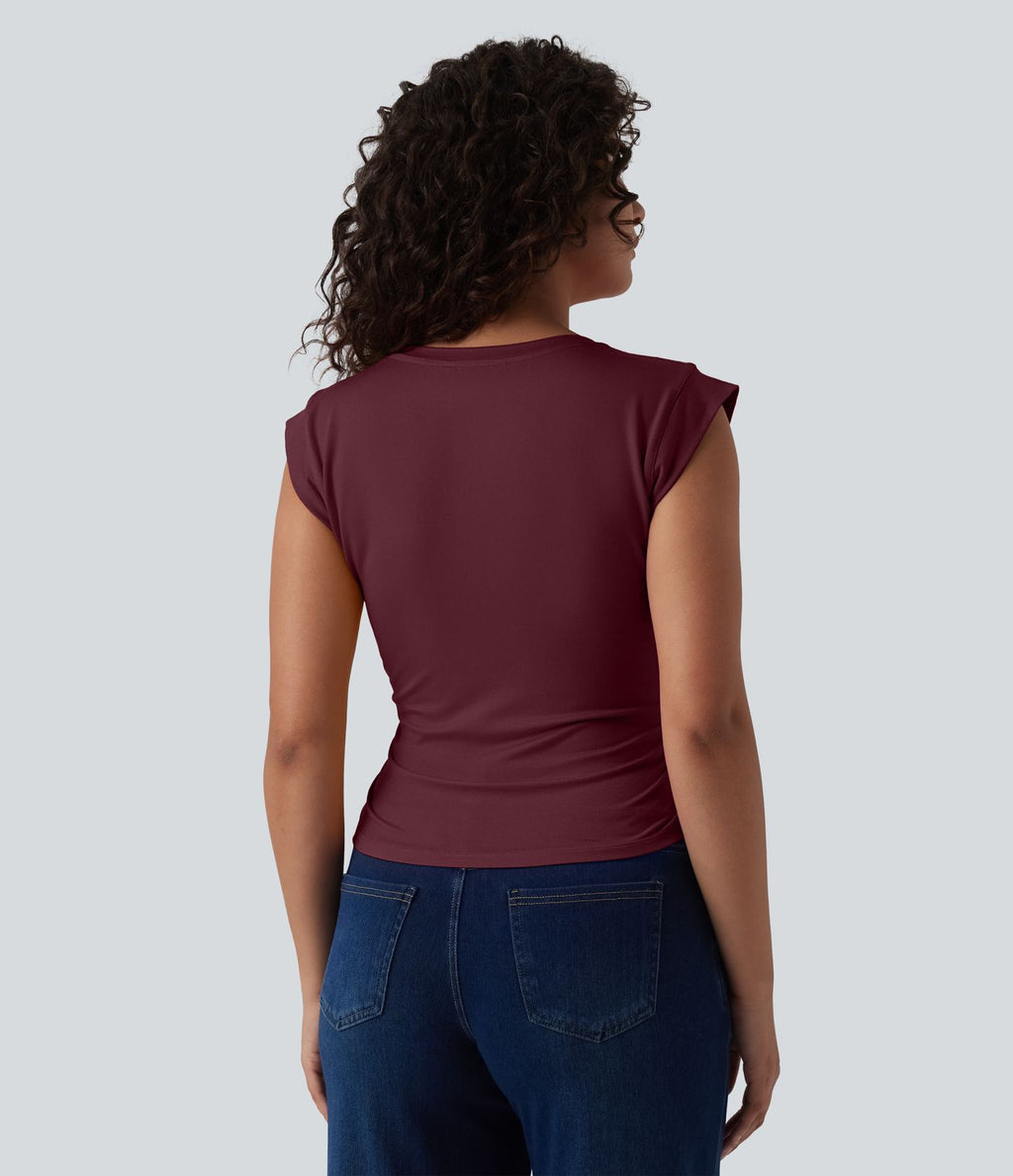 T-shirt décontracté col V manches courtes ourlet arrondi froncé
