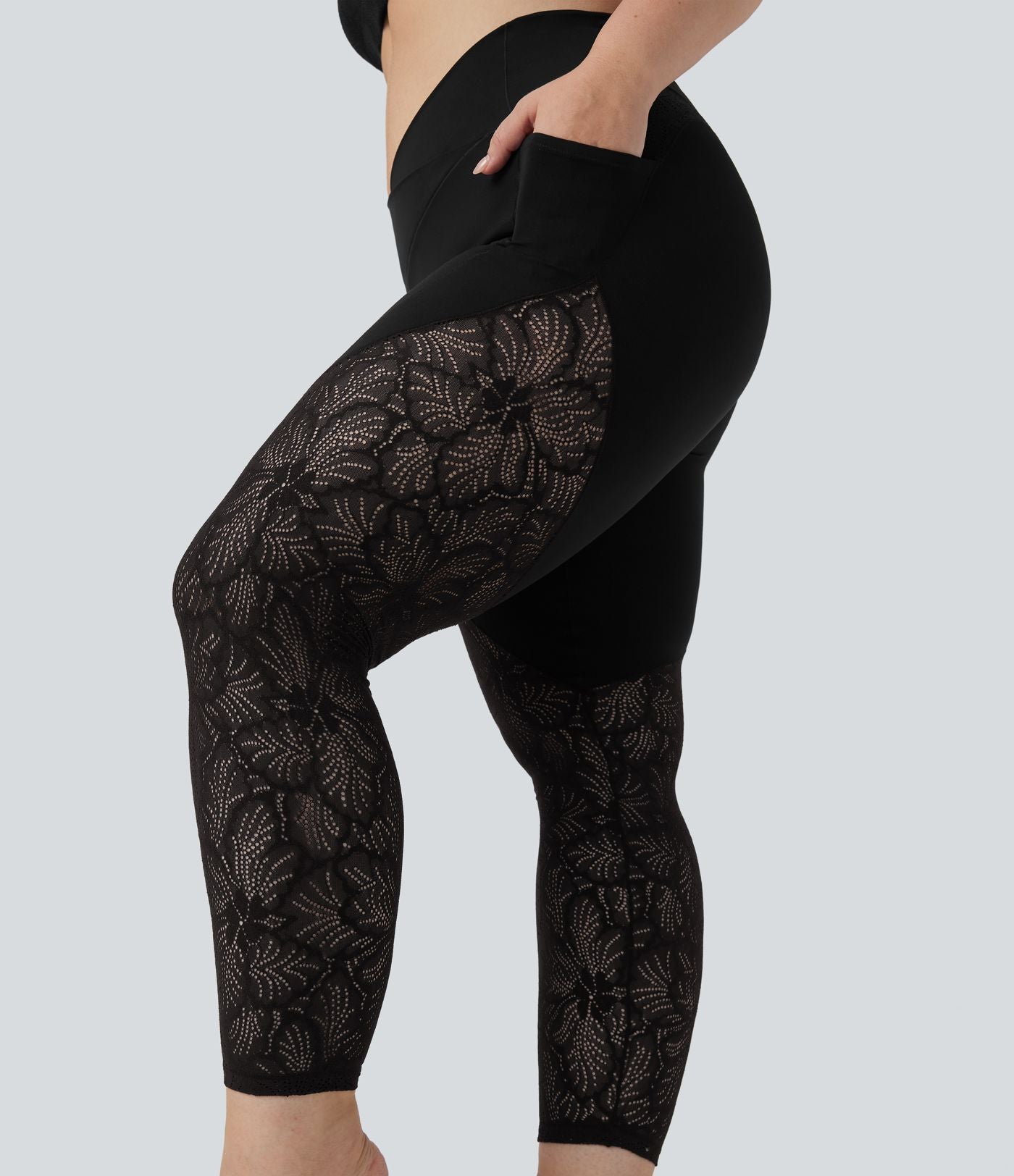 Leggings yoga 7/8 grande taille SoftlyZero™ taille haute croisé dentelle contrastante avec poches - UPF50+
