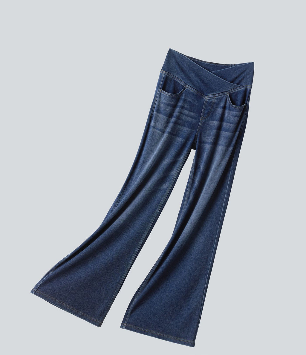 Halara Flex™ Jean large casual taille haute croisée en lyocell drapé lavé avec poches