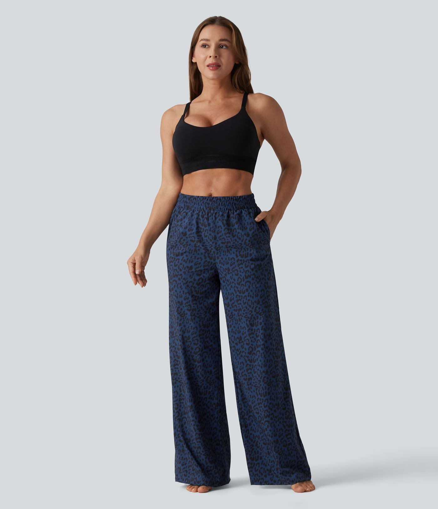 Pantalon danse taille mi-haute imprimé léopard avec poches