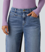 Jean barrel casual Halara Flex™ taille mi-haute color block avec poches