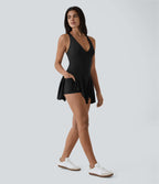 Robe Casual Mini Évasée 2-en-1 à Col V Profond Dos Nageur et Poches Latérales