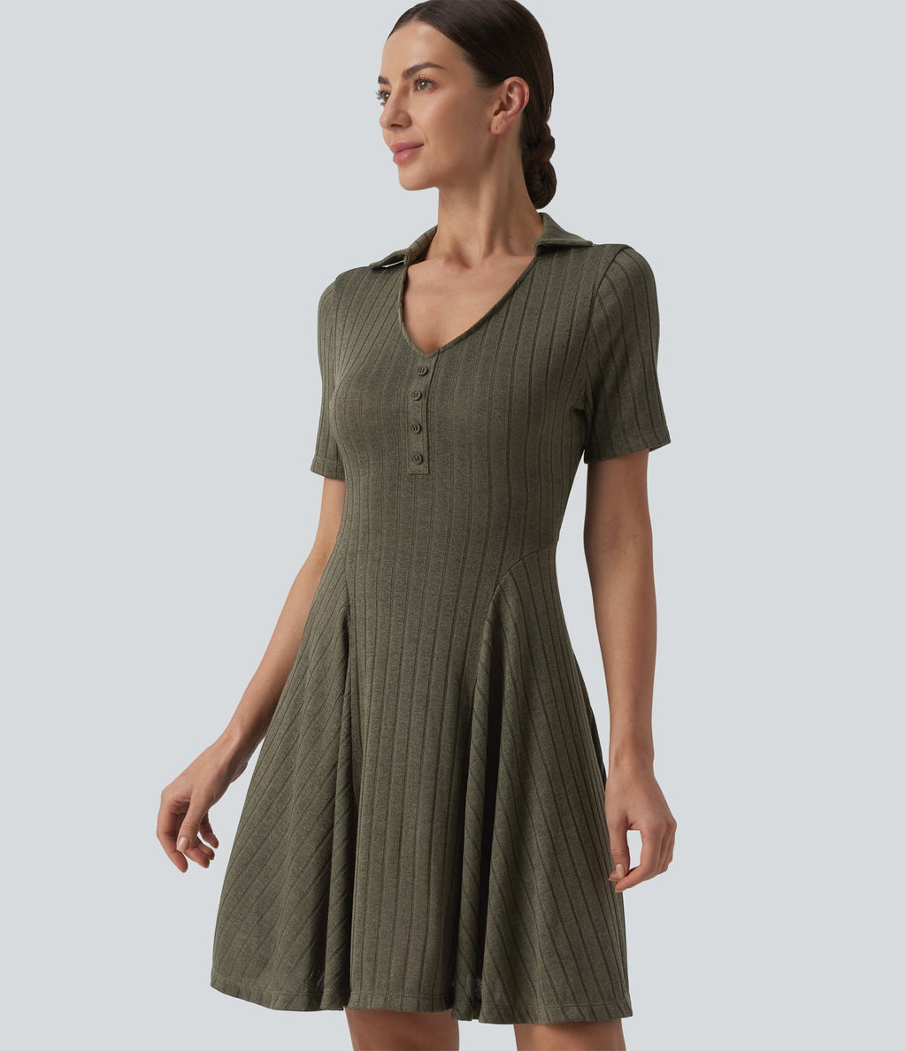 Robe mini casual évasée col V manches courtes en maille côtelée