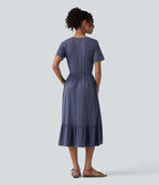 Robe midi casual chinée col rond à manches courtes, avec poches