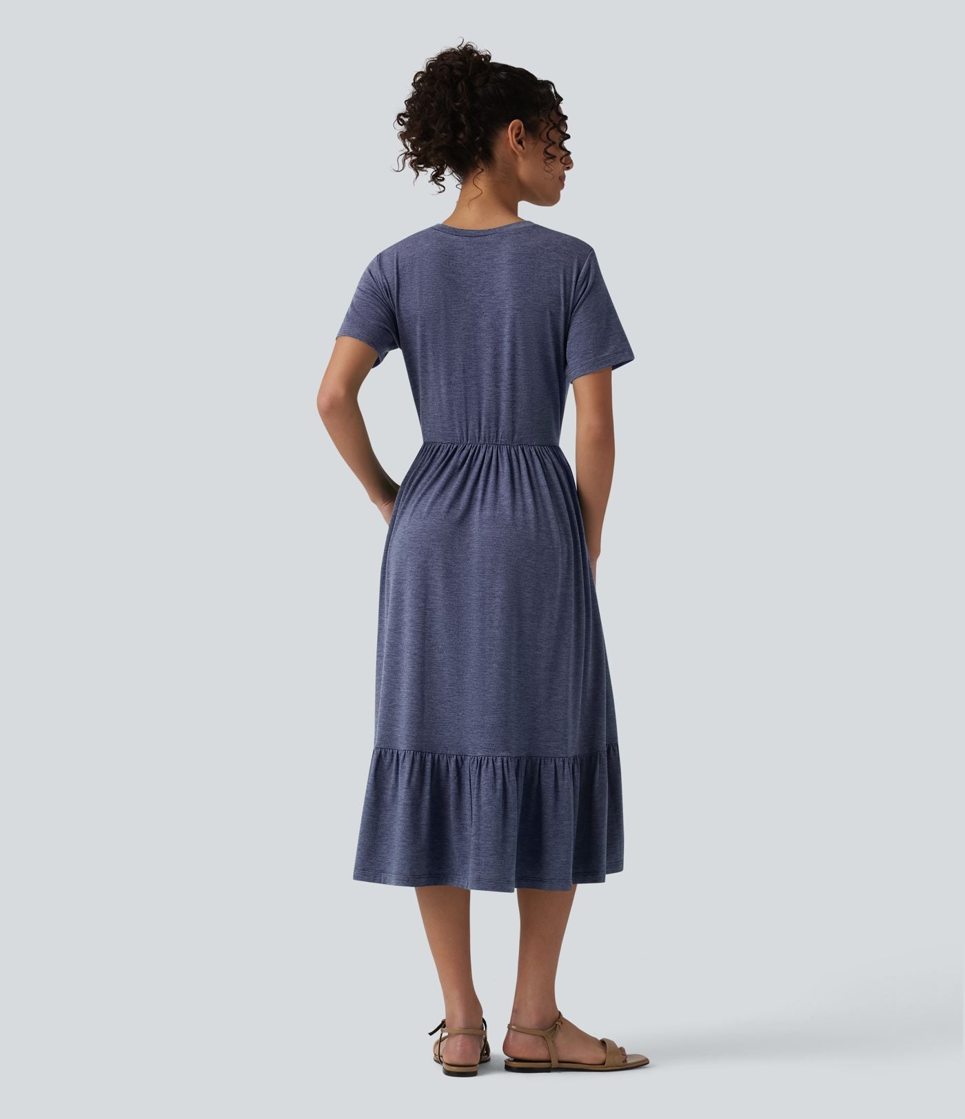 Robe midi casual chinée col rond à manches courtes, avec poches