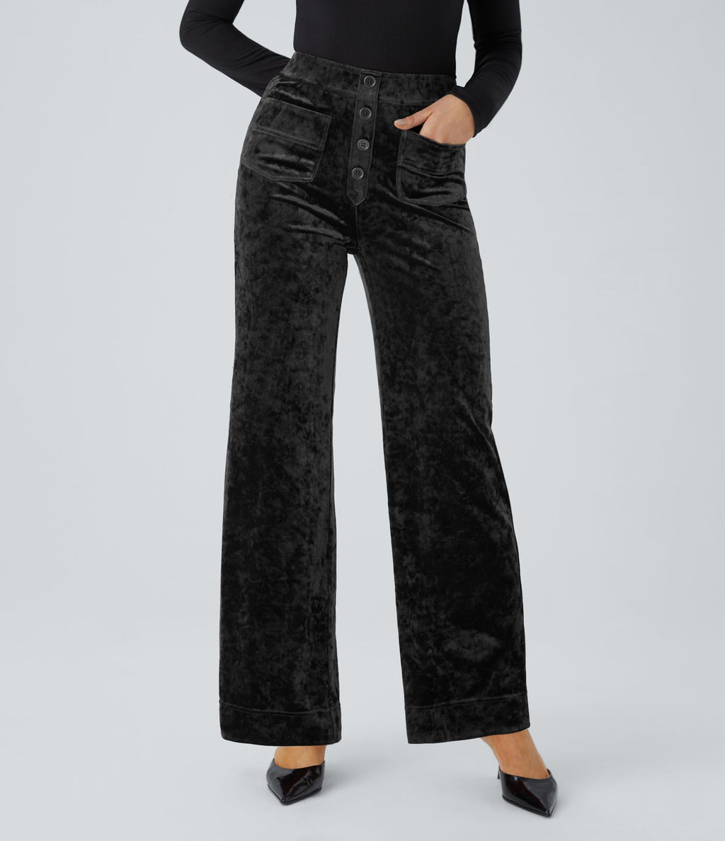Pantalon en Velours Taille Haute avec Bouton Multipoches Droites