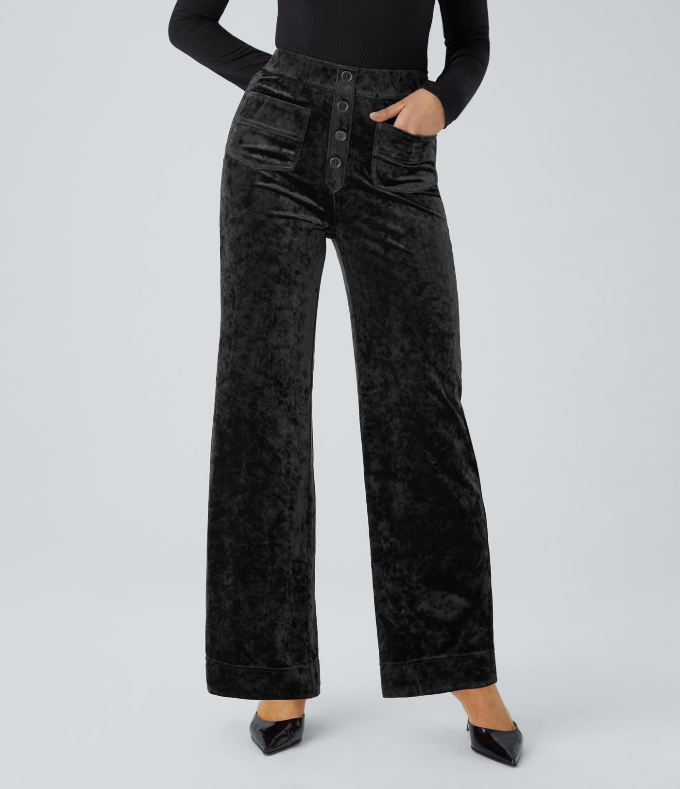 Pantalon en Velours Taille Haute avec Bouton Multipoches Droites