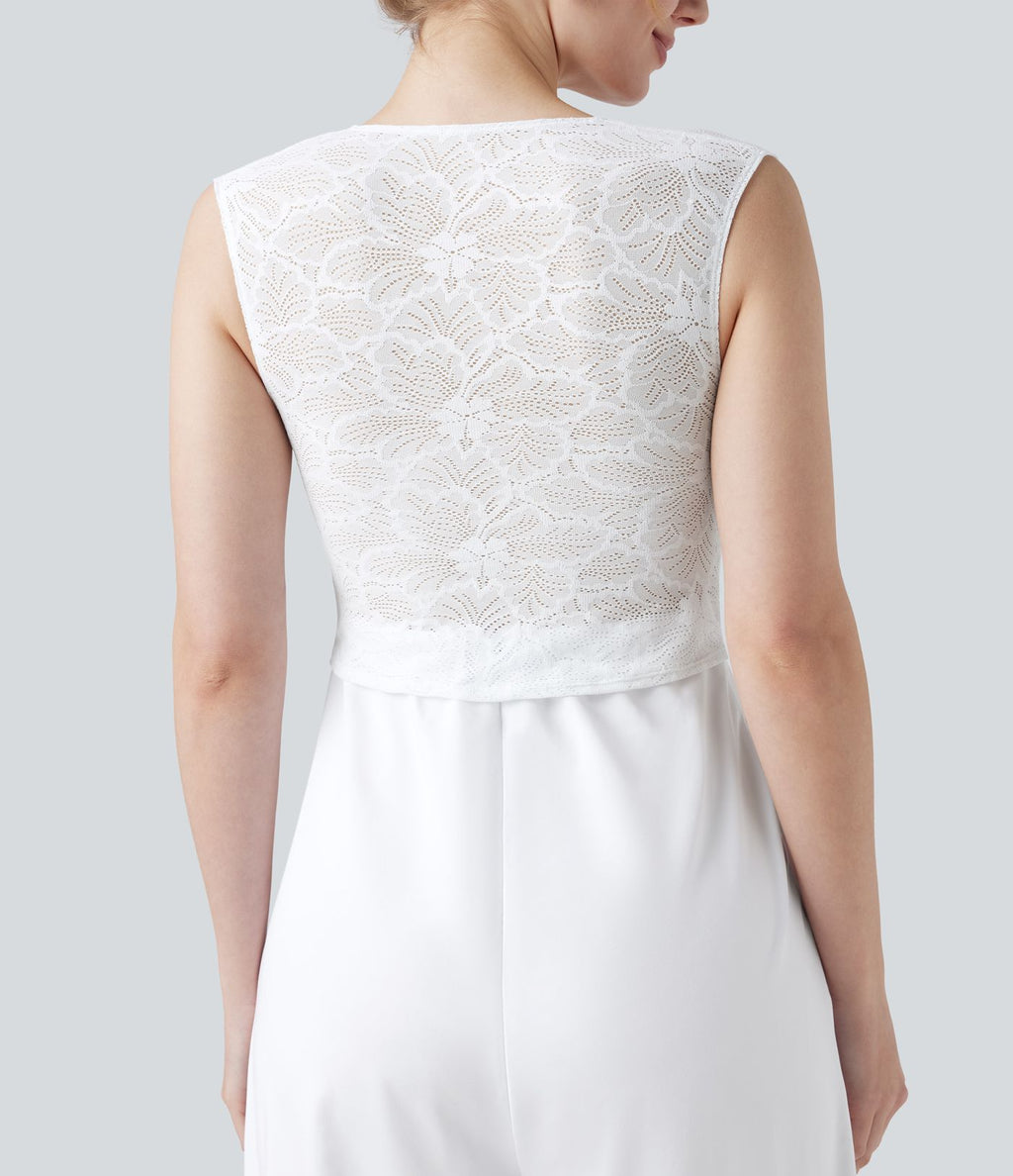 Combinaison-pantalon de mariage et demoiselle d'honneur sans manches encolure carrée avec dentelle contrastée et poches - Easy Peasy