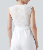 Combinaison-pantalon de mariage et demoiselle d'honneur sans manches encolure carrée avec dentelle contrastée et poches - Easy Peasy