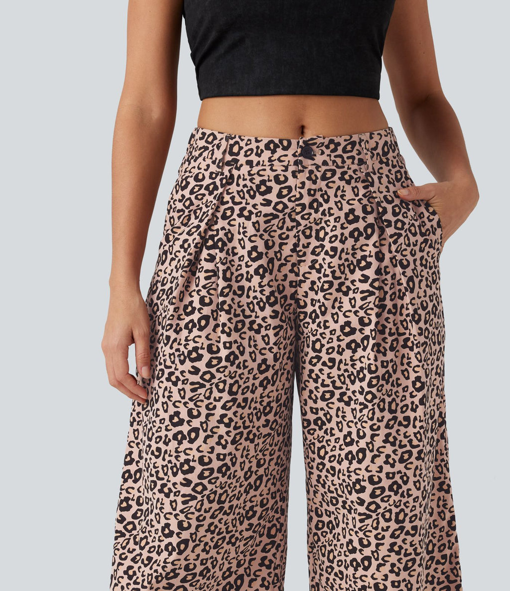 Pantalon large décontracté imprimé léopard taille mi-haute avec poches