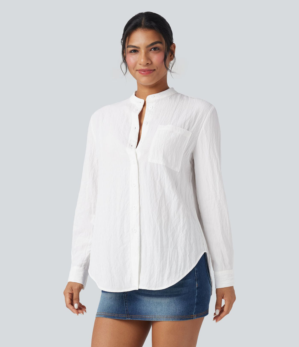 Chemise décontractée manches longues ourlet arrondi avec poche