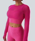 Haut de sport yoga cropped 2-en-1 manches longues mesh contrastant à trous pouces