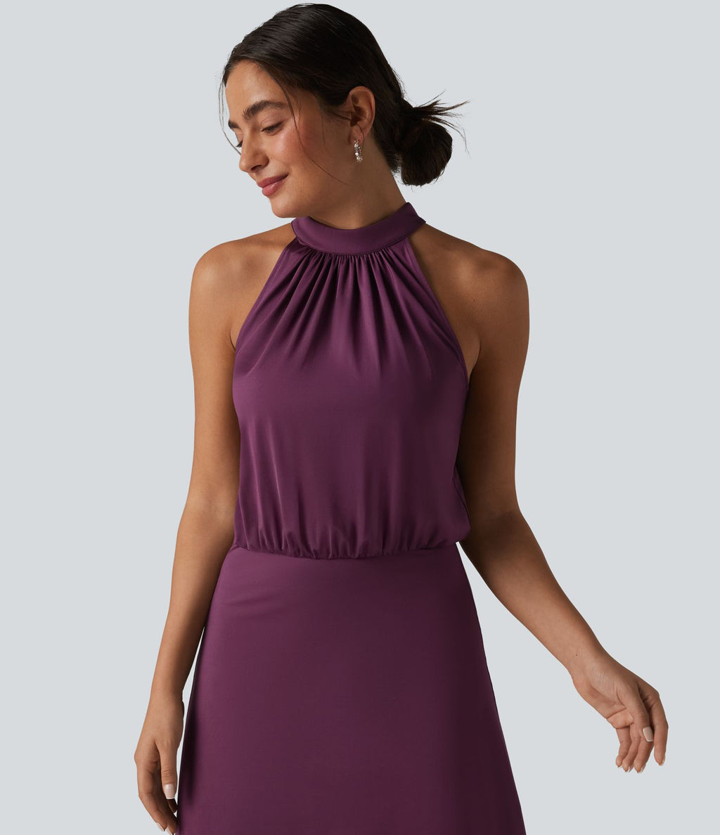 Robe midi col cheminée sans manches dos découpé extensible aspect satiné effet frais InstantCool