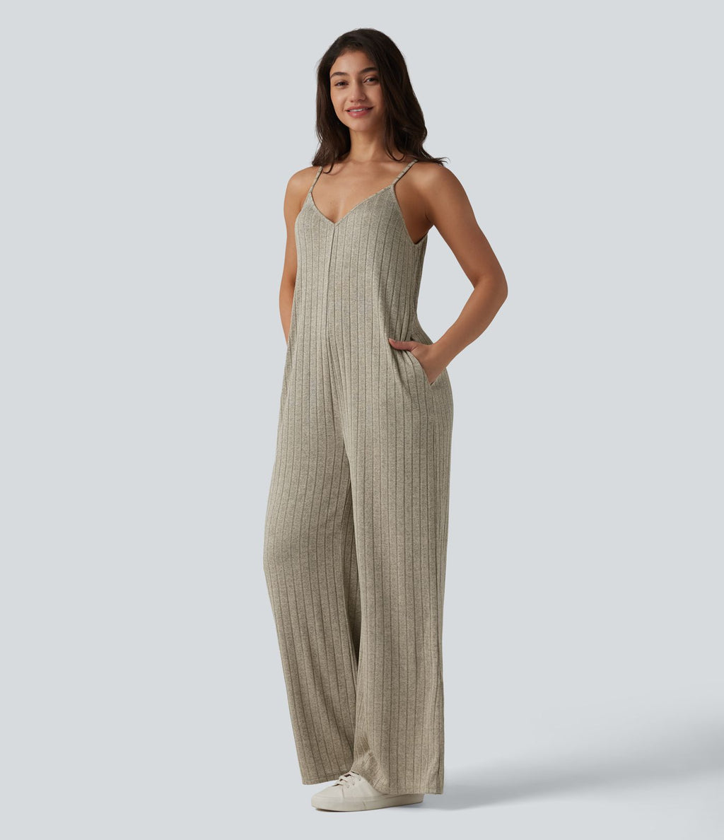 Combinaison casual côtelée à bretelles col V avec poches