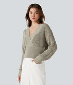 Pull tailleur col V ajouré manches longues