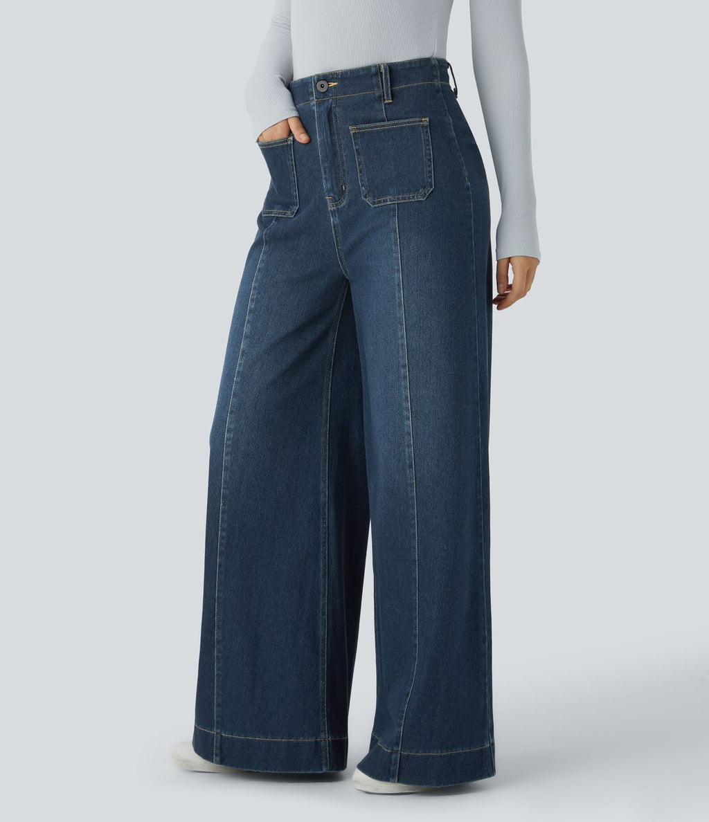 Halara Flex™ Jean large Palazzo et Taille Haute avec Poches Avant en Tricot Extensible Lavé