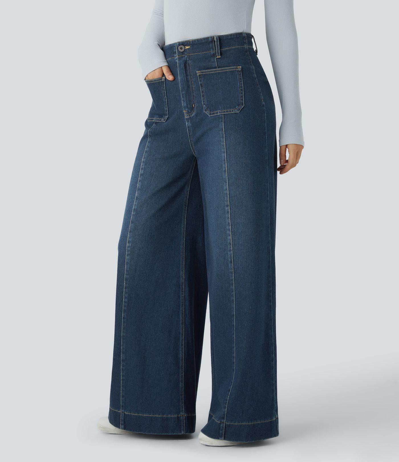 Halara Flex™ Jean large Palazzo et Taille Haute avec Poches Avant en Tricot Extensible Lavé