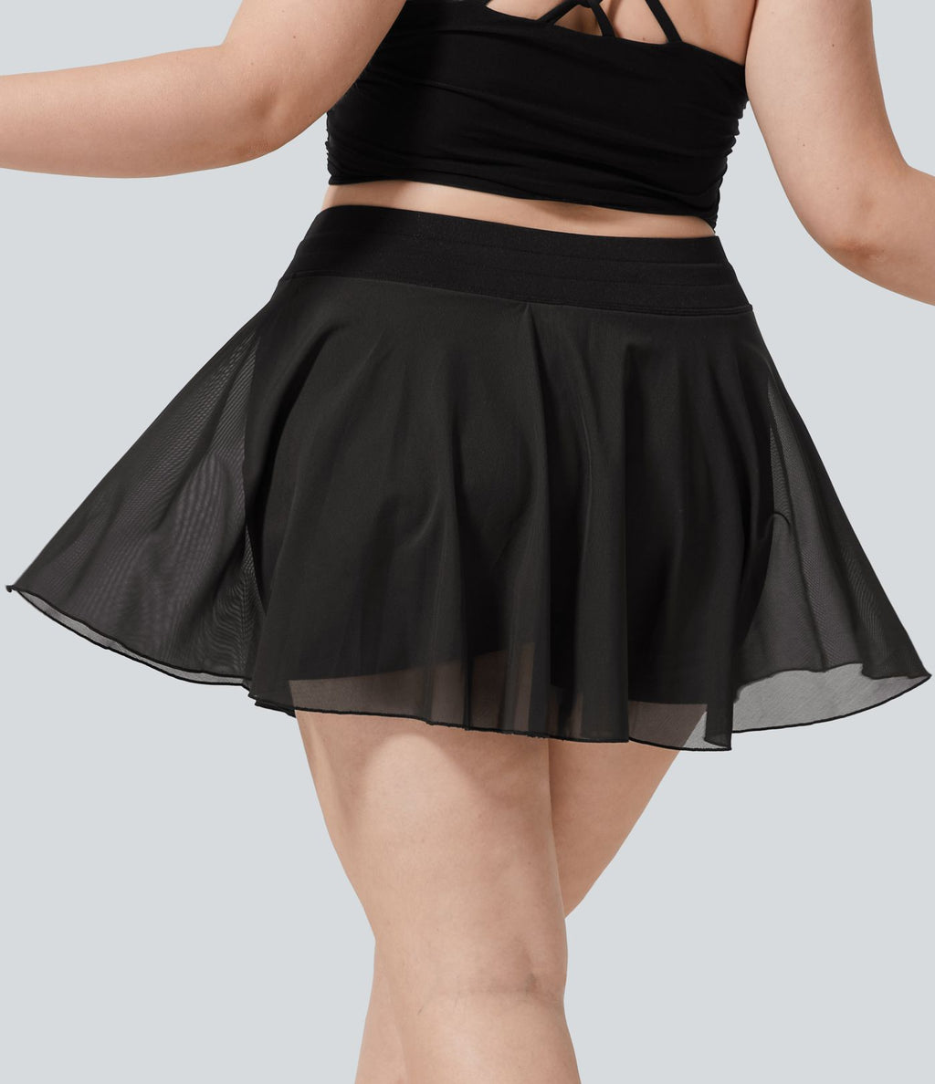 Taille haute Cordon Contraste Maille 2-en-1 Poche Latérale Fluide Mini Flare Décontracté Grande Taille Jupe