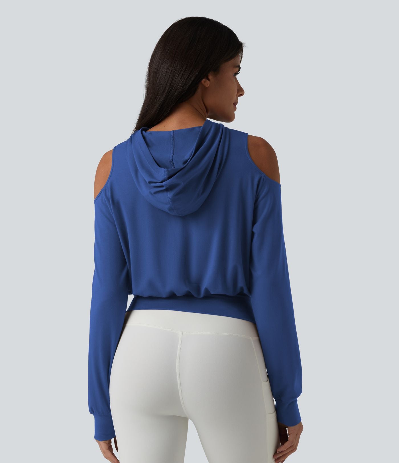 Sweat-shirt de sport à capuche épaules dénudées manches longues