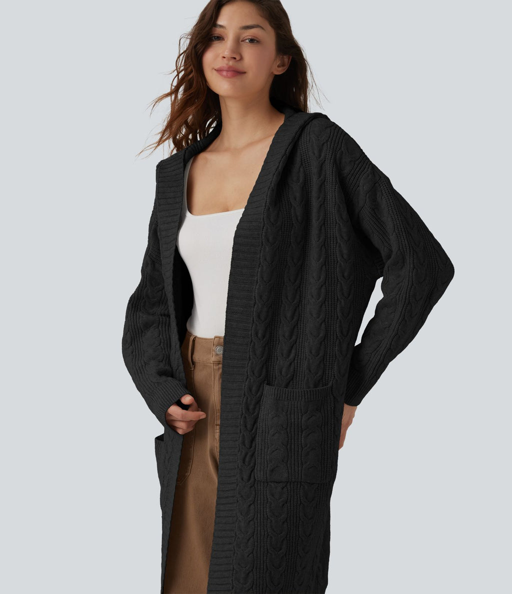 Gilet long casual à capuche manches longues avec poches
