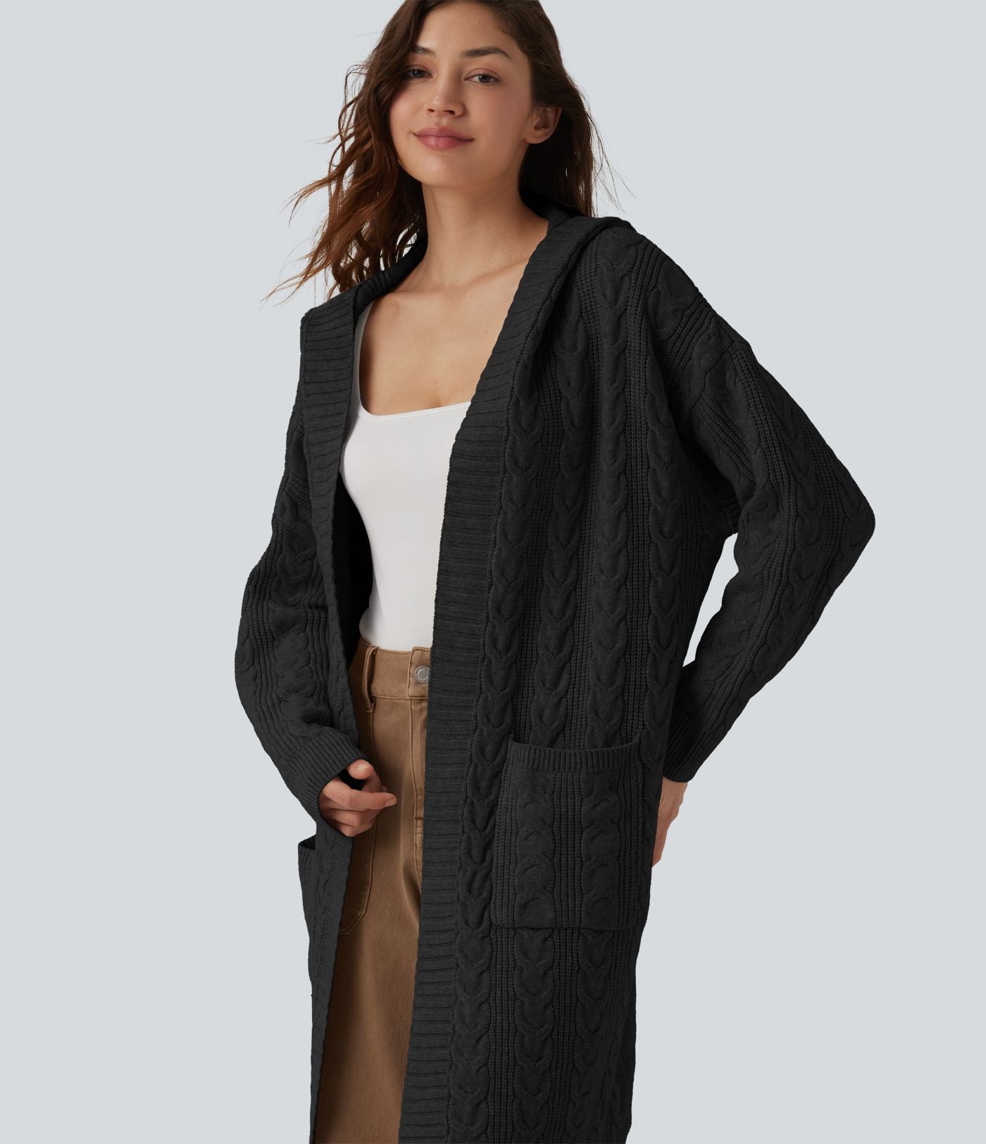 Gilet long casual à capuche manches longues avec poches