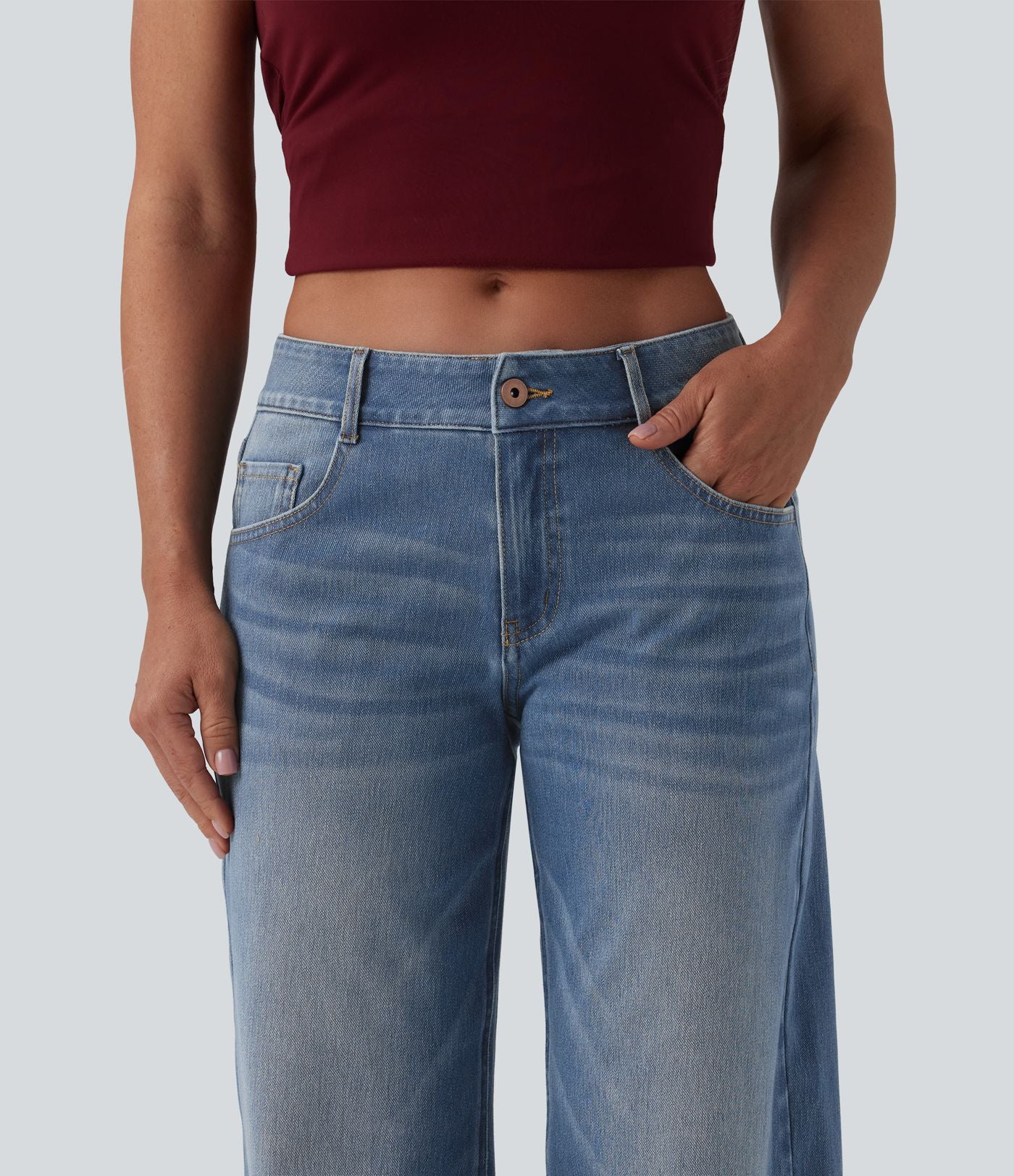 Halara Flex™ Jean Large Casual Taille Basse avec Boutons Zip Multiples Poches Lavés Élastiques et Tricotés